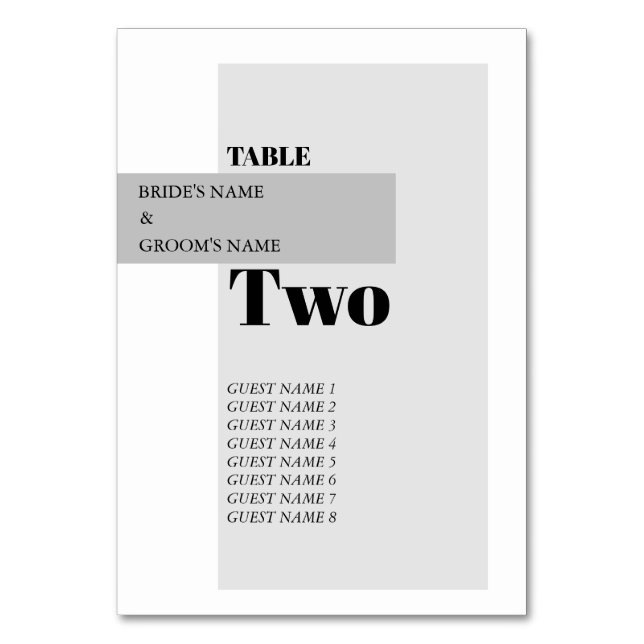 Modern Black & White Wedding Guest Names Table Number (Front)