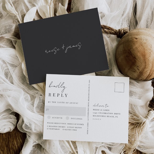Modern Black & White Wedding Meal Choice RSVP Postcard (Creator Uploaded)