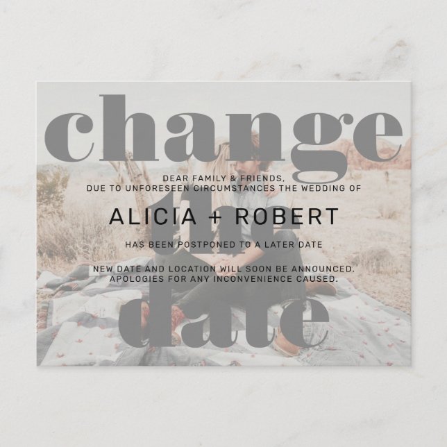 Modern black white wedding photo change the date announcement postcard (Front)