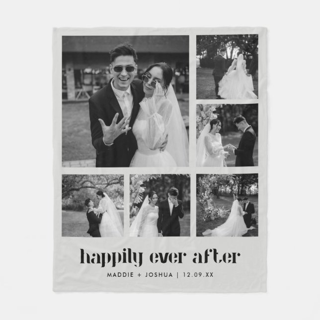 Modern Black & White Wedding Photo Collage Fleece Blanket (Front)