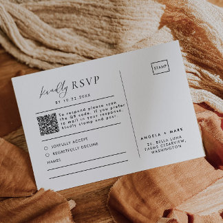 Modern Black & White Wedding QR Code RSVP Postcard