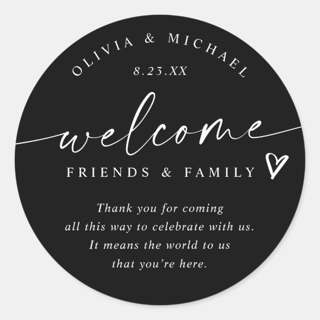 Modern Black & White Wedding Welcome Hotel Bag Classic Round Sticker (Front)