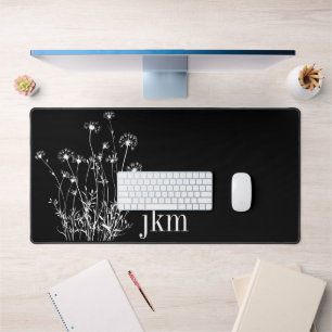 Modern Black & White Wildflowers Monogram Desk Mat