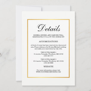 Modern Black White with Gold border Wedding Detail Invitation