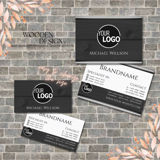 Modern Black White Wood Grain Wooden Boards Logo Business Card (Creator Uploaded)