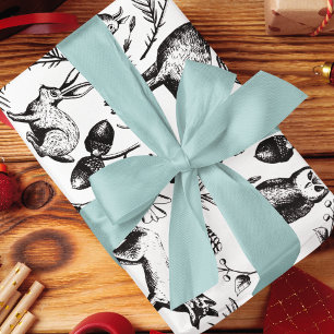 Modern Black & White Woodland Animals Hand-Drawn Wrapping Paper