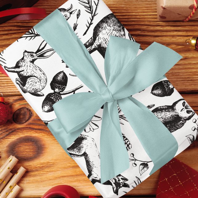 Modern Black & White Woodland Animals Hand-Drawn Wrapping Paper (Elegant Hand-Drawn detailed Woodland Animals Illustration in black ink in modern black and white. )
