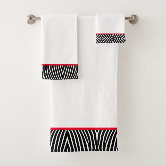 Modern Black & White Zebra Pattern with Red Stripe Bath Towel Set (Insitu)