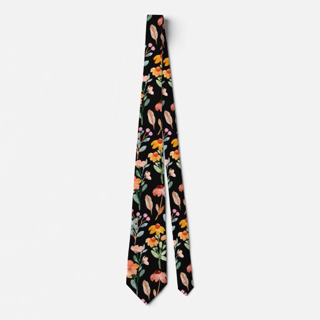 Modern Black Wildflower Watercolor Pattern Tie (Front)