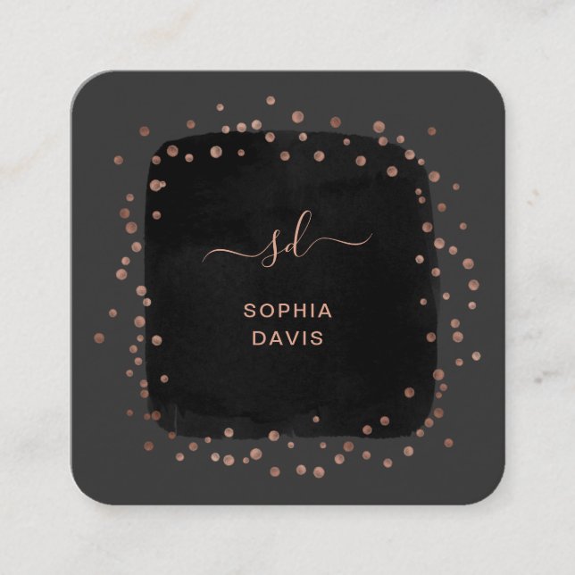 Modern Black with Faux Rose Gold Dots Square Business Card (Front)