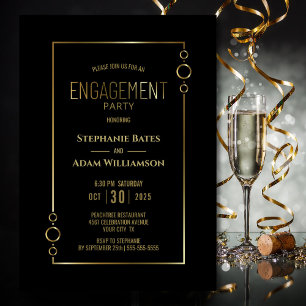 Modern Black with Gold Frame Engagement Party Invitation