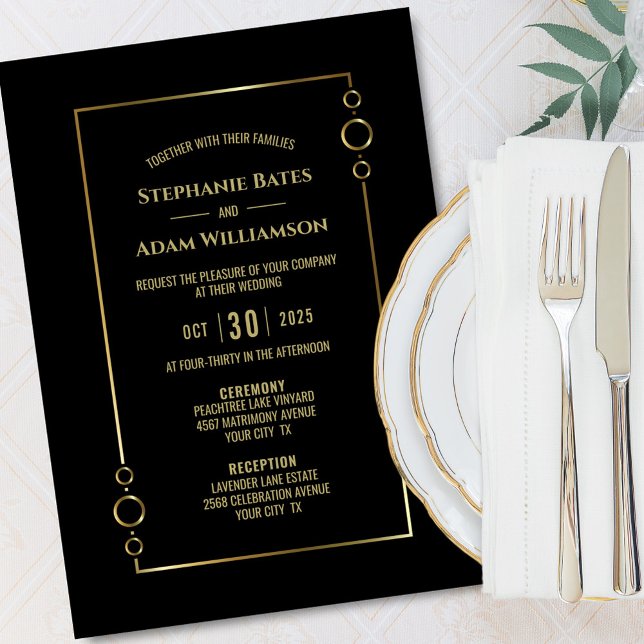 Modern Black with Gold Frame Wedding Invitation (Creator Uploaded)