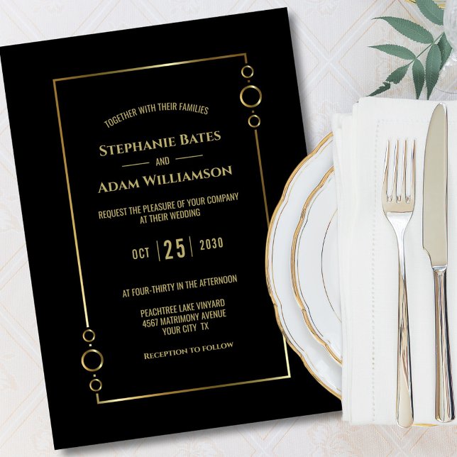 Modern Black with Gold Frame Wedding Invitation (Creator Uploaded)