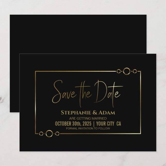 Modern Black with Gold Frame Wedding Save the Date (Front/Back)