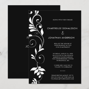 Modern Black with White Botanical Vines Wedding   Announcement