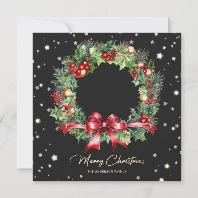 Modern Black Wreath Photo Merry Christmas Card (Front)