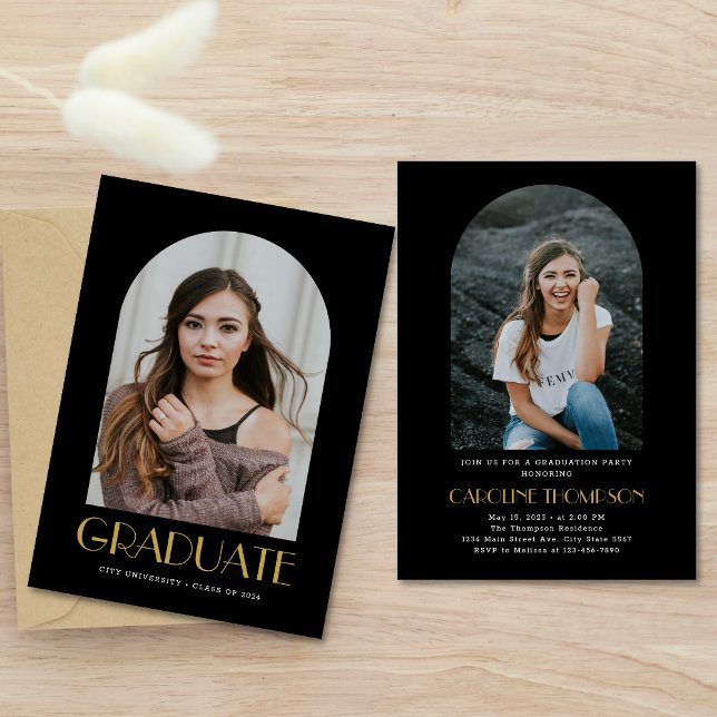Modern Black Yellow 2 Photo Arch Graduation Party Invitation (Creator Uploaded)