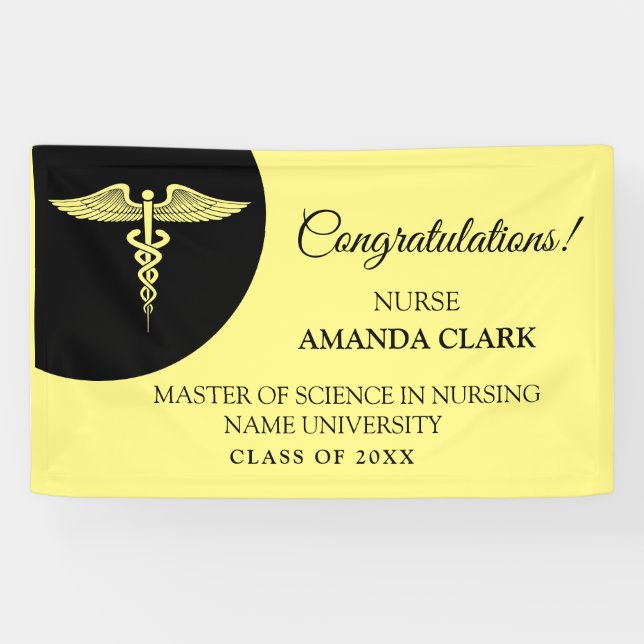 Modern Black & Yellow Caduceus Nurse Rn Graduation Banner (Horizontal)