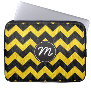 Modern Black Yellow Chevron Leather Laptop Sleeve
