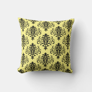 Modern Black Yellow Damask Pattern Cushion