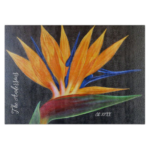 Modern Black Yellow Floral Birds Paradise Name Cutting Board