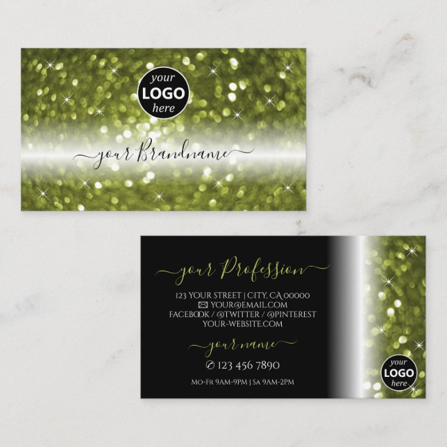 Modern Black Yellow Green Sparkle Glitter Add Logo Business Card (Front/Back)
