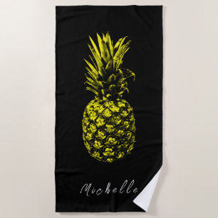 Modern black Yellow Pineapple   Custom Beach Towel