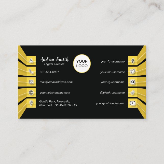 Modern Black Yellow Social Media Icons Minimalist  Business Card (Front)
