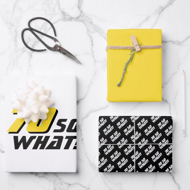Modern Black Yellow Typography 70th Birthday Wrapping Paper Sheet (Front)
