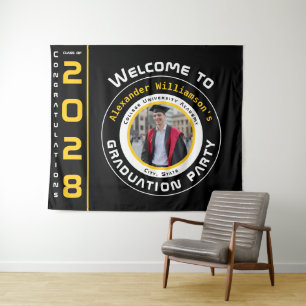 Modern Black Yellow White Graduation Photo Welcome Tapestry