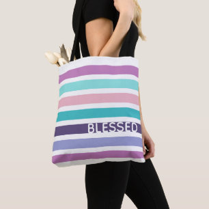 Modern BLESSED Pastel Striped Christian Tote Bag