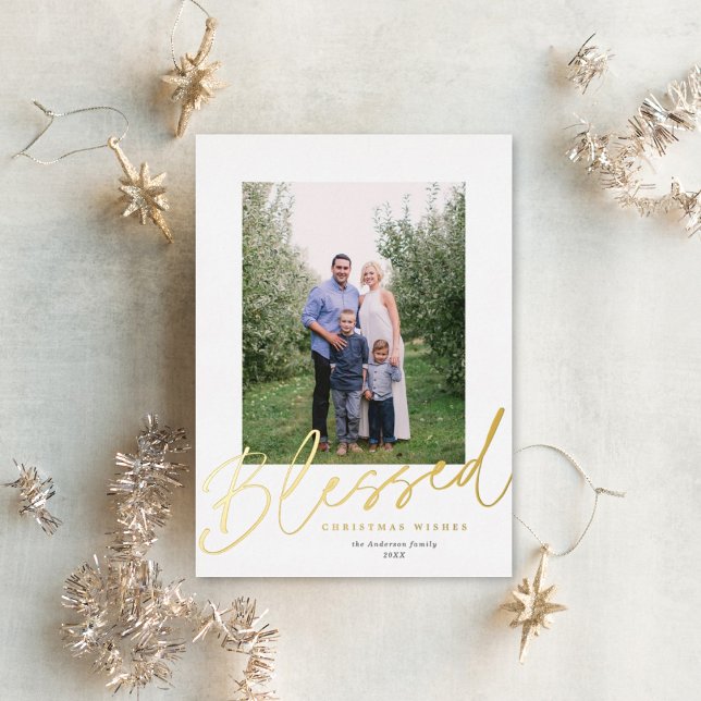 Modern Blessed Religious Christmas Photo Gold Foil Holiday Card (Creator Uploaded)