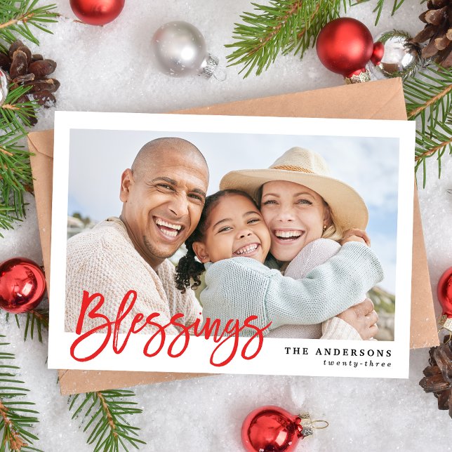 Modern Blessings Red Script Photo Holiday Card (Creator Uploaded)