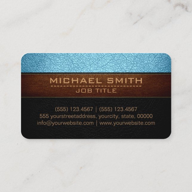 Modern Blizzard Blue and Black Leather Look Business Card (Back)