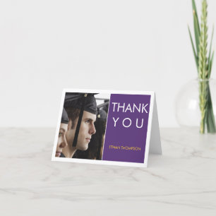 Modern Block Photo Grad Thank You Purple White Card