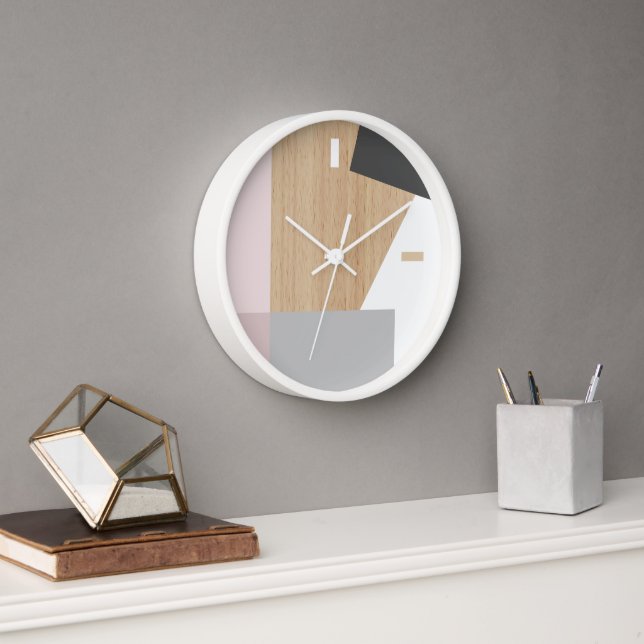 Modern Block Stripes Pattern Art On Faux Woodgrain Clock (Office)