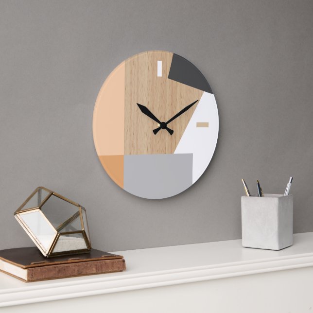 Modern Block Stripes Pattern Art On Faux Woodgrain Large Clock (Office)