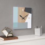 Modern Block Stripes Pattern Art On Faux Woodgrain Square Wall Clock<br><div class="desc">Modern white, dark and light grey, and pastel pale turquoise teal blue green block pattern on a light beige tan coloured faux wooden background. Classic retro chic, elegant yet simple basic design for the artistic home décor fashion designer, popular hip trendsetter, whimsical midcentury style motif lover. Available on original, classy,...</div>