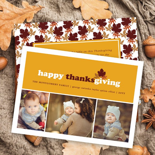 Modern Blocks Fall Leaves Thanksgiving 3 Photo Holiday Card (Creator Uploaded)