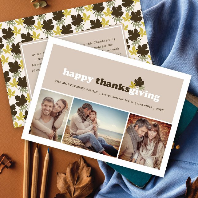 Modern Blocks Fall Leaves Thanksgiving 3 Photo Holiday Card (Creator Uploaded)
