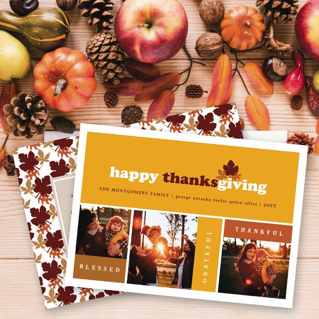 Modern Blocks Fall Leaves Thanksgiving 3 Photo Holiday Card (Creator Uploaded)