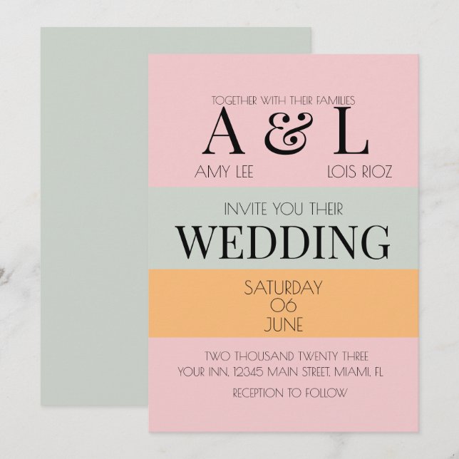 Modern Blocks Pink Mint Bright and Bold Wedding Invitation (Front/Back)