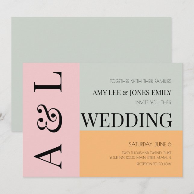 Modern Blocks Pink Mint Bright Bold Wedding Invitation (Front/Back)