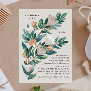 Modern bloom floral botanical greenery baby shower invitation