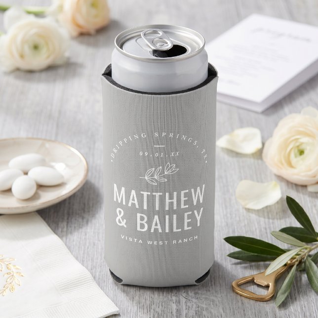 Modern Bloom Wedding Monogram | Grey Seltzer Can Cooler (Creator Uploaded)
