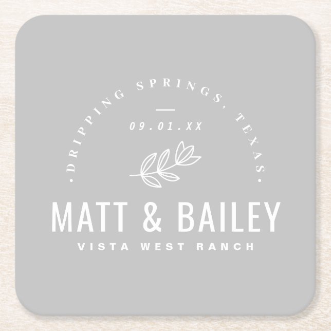 Modern Bloom Wedding Monogram | Grey Square Paper Coaster (Front)
