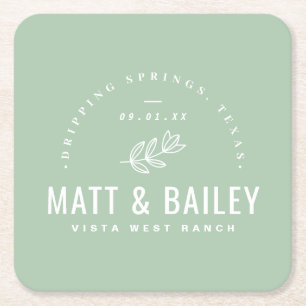 Modern Bloom Wedding Monogram Sage Square Paper Coaster