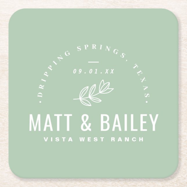 Modern Bloom Wedding Monogram | Sage Square Paper Coaster (Front)