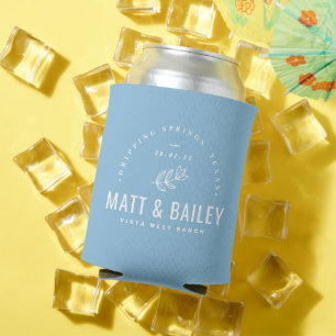 Modern Bloom Wedding Monogram   Sky Blue Can Cooler