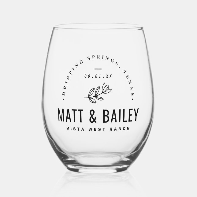 Modern Bloom Wedding Monogram Stemless Wine Glass (Front)